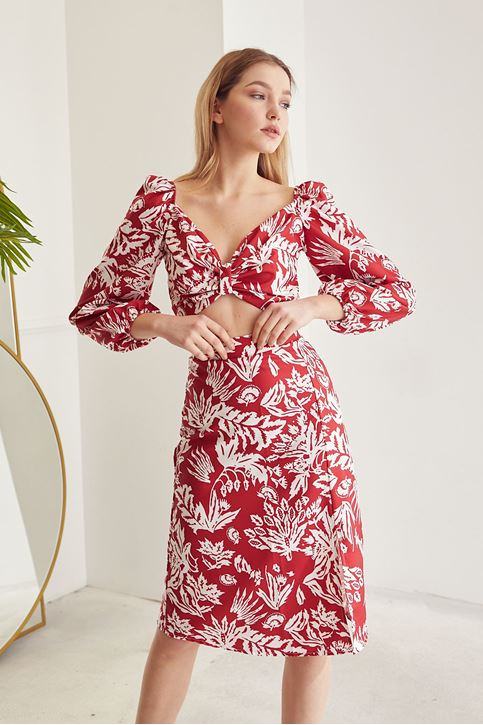 Kadın Desenli Crop Etek Takım Kırmızı