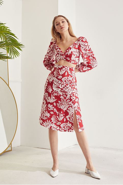 Kadın Desenli Crop Etek Takım Kırmızı