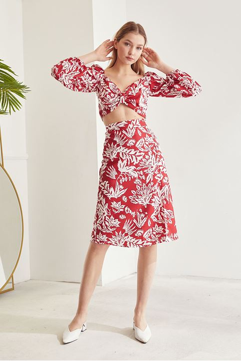 Kadın Desenli Crop Etek Takım Kırmızı