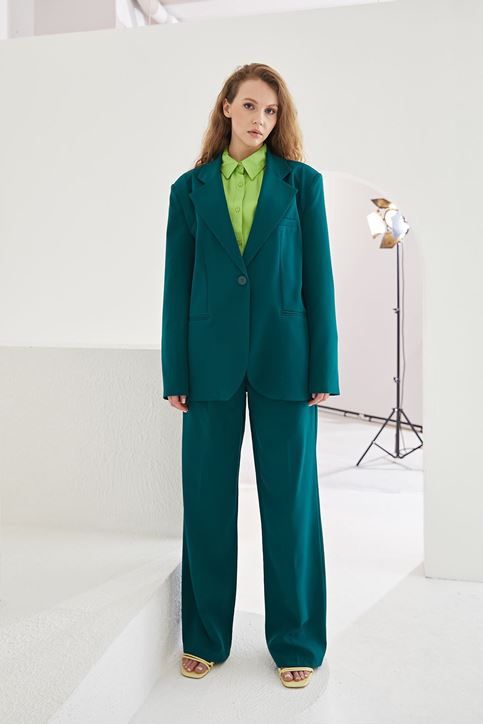 Kadın Tek Düğme Kapamalı Uzun Kol Cepli Retro Ceket Palazzo Pantolon Takım Yeşil