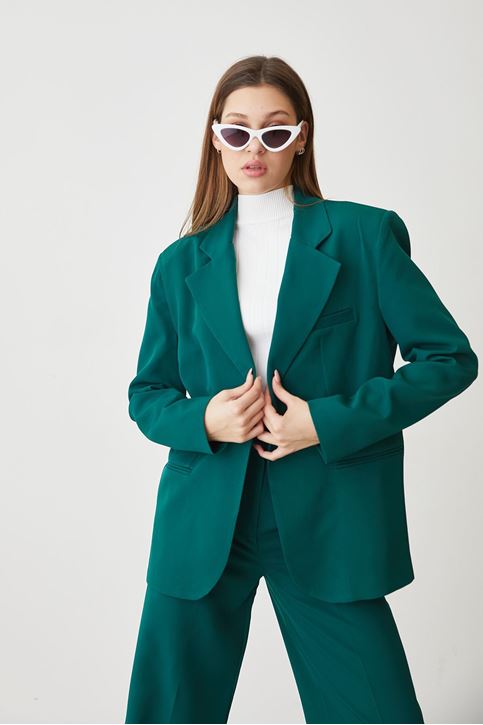 Kadın Tek Düğme Kapamalı Uzun Kol Cepli Retro Ceket Palazzo Pantolon Takım Yeşil