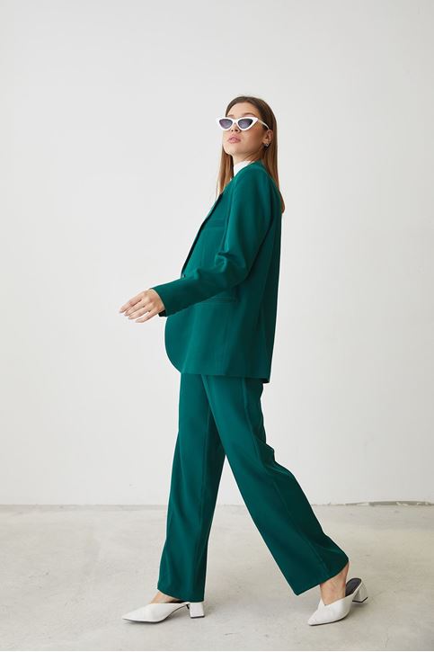 Kadın Tek Düğme Kapamalı Uzun Kol Cepli Retro Ceket Palazzo Pantolon Takım Yeşil