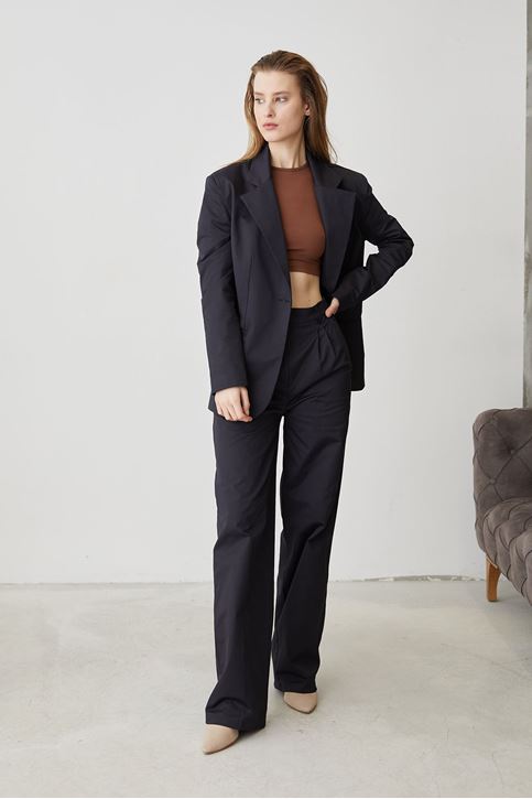 Kadın Tek Düğme Kapamalı Cep Detay  Ceket Palazzo Pantolon Busines  Ofis Takım Koyu Lacivert