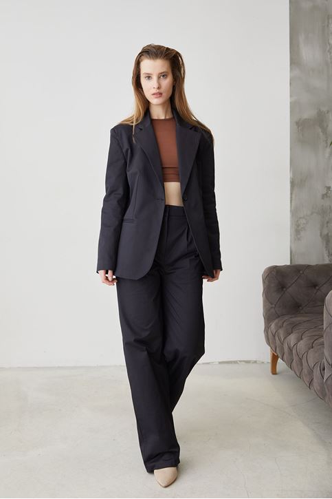 Kadın Tek Düğme Kapamalı Cep Detay  Ceket Palazzo Pantolon Busines  Ofis Takım Koyu Lacivert