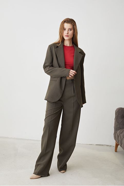 Kadın Tek Düğme Kapamalı Cep Detay  Ceket Palazzo Pantolon Busines  Ofis Takım Haki