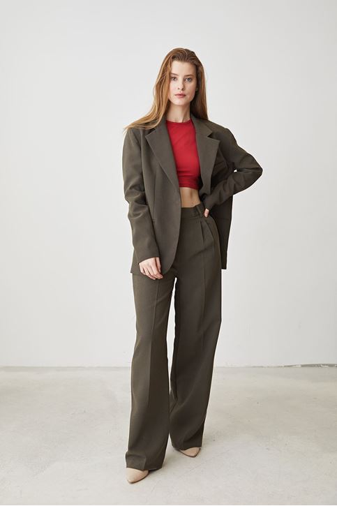 Kadın Tek Düğme Kapamalı Cep Detay  Ceket Palazzo Pantolon Busines  Ofis Takım Haki