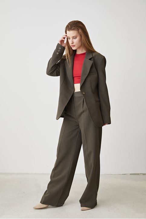 Kadın Tek Düğme Kapamalı Cep Detay  Ceket Palazzo Pantolon Busines  Ofis Takım Haki