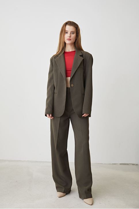 Kadın Tek Düğme Kapamalı Cep Detay  Ceket Palazzo Pantolon Busines  Ofis Takım Haki