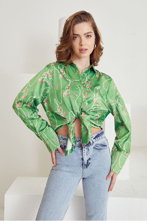 Kadın Zincir Desenli Geniş Kol Manşetli Saten Gömlek Yeşil