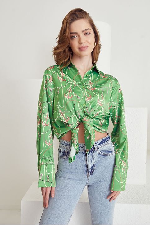 Kadın Zincir Desenli Geniş Kol Manşetli Saten Gömlek Yeşil
