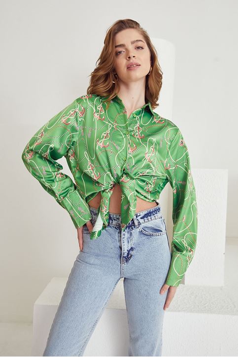 Kadın Zincir Desenli Geniş Kol Manşetli Saten Gömlek Yeşil