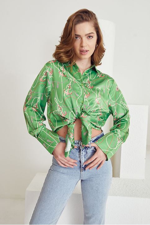 Kadın Zincir Desenli Geniş Kol Manşetli Saten Gömlek Yeşil