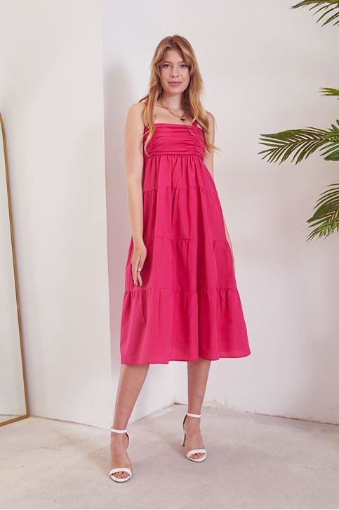 Kadın Önü Büzgülü Askılı Kat Kat Poplin Elbise Fuşya