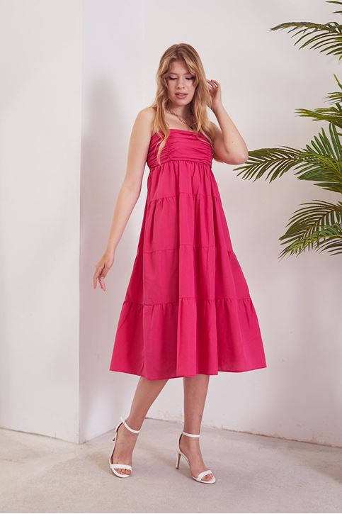 Kadın Önü Büzgülü Askılı Kat Kat Poplin Elbise Fuşya