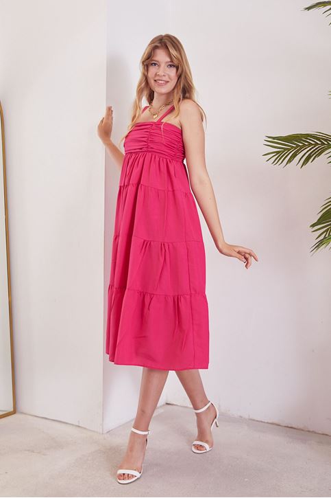Kadın Önü Büzgülü Askılı Kat Kat Poplin Elbise Fuşya