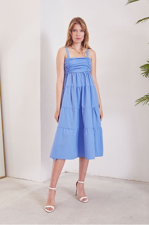 Kadın Önü Büzgülü Askılı Kat Kat Poplin Elbise Mavi