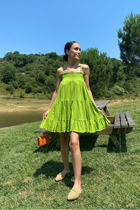 Kadın Önü Gipeli Askılı Elbise Yeşil