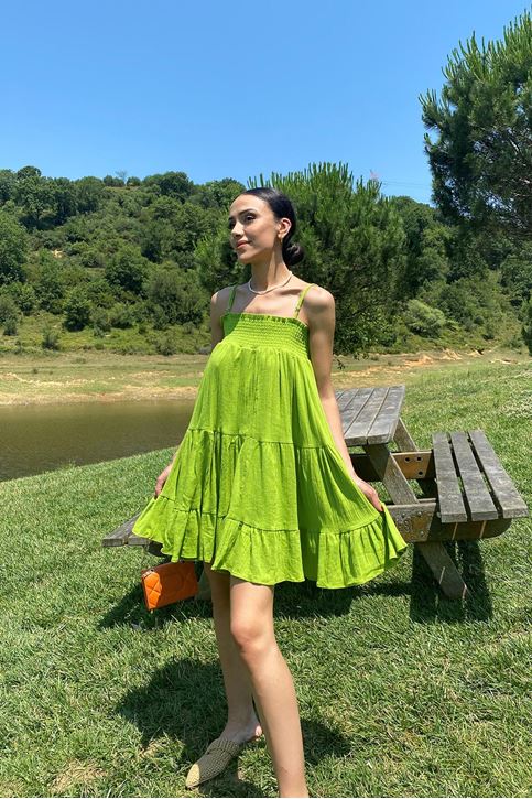 Kadın Önü Gipeli Askılı Elbise Yeşil