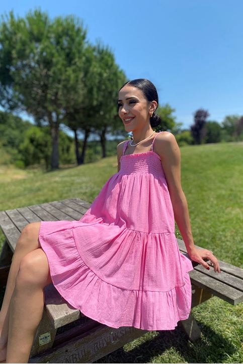 Kadın Önü Gipeli Askılı Elbise Pembe