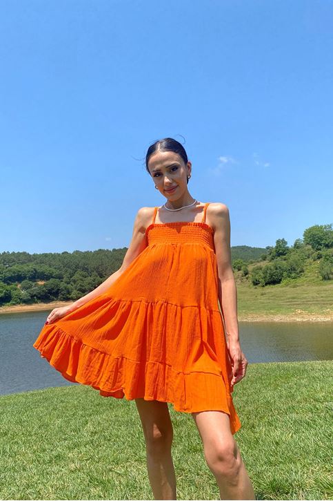 Kadın Önü Gipeli Askılı Elbise Oranj