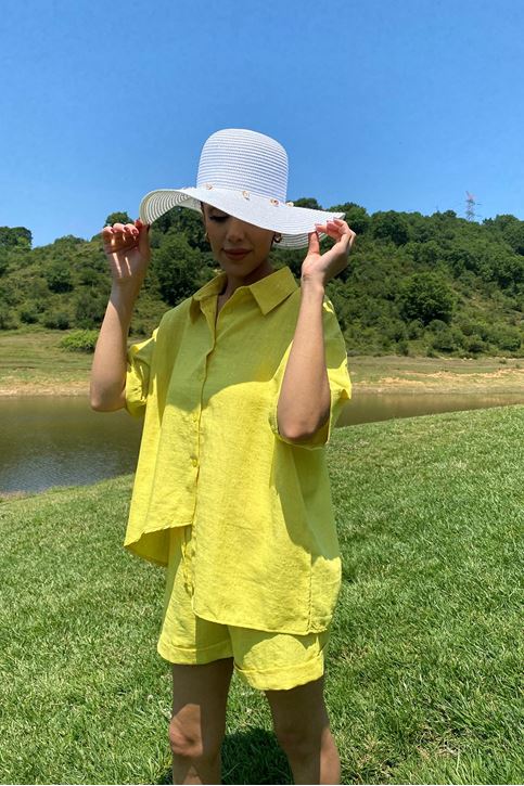 Paçası Duble Şortlu Takım-Sarı