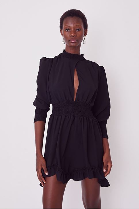 Kadın Bel Ve Yaka Gipe Detaylı Kruvaze Büzgülü Uzun Kollu Elbise Siyah