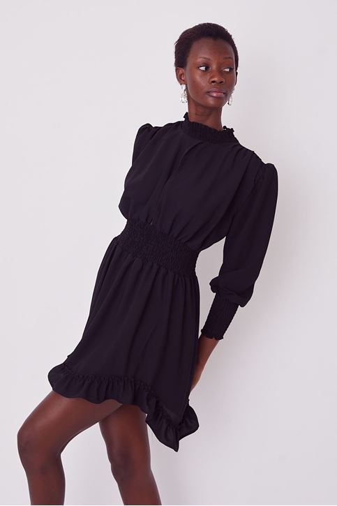 Kadın Bel Ve Yaka Gipe Detaylı Kruvaze Büzgülü Uzun Kollu Elbise Siyah