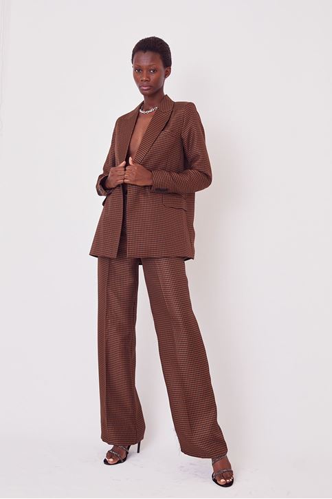 Premium Kazayağı Desenli Blazer Takım-Kahve