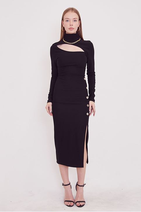 Kadın Etek Yırtmaçlı Düğmeli Yırtmaçlı Elbise Siyah