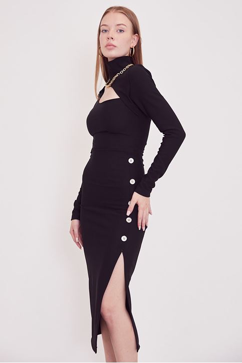 Kadın Etek Yırtmaçlı Düğmeli Yırtmaçlı Elbise Siyah