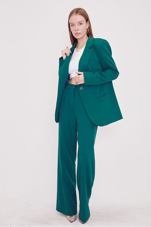 Kadın Tek Düğme Kapamalı Uzun Kol Cepli Retro Ceket Palazzo Pantolon Takım Yeşil