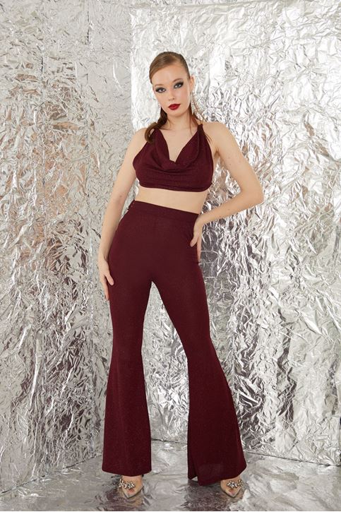 Kadın Arkası Zincir Detaylı Crop İspanyol Paça Takım-Bordo
