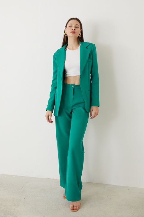 Kadın Tek Düğme Kapamalı Uzun Kol Cepli Retro Ceket Palazzo Pantolon Takım Koyu Yeşil