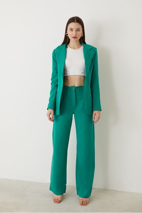 Kadın Tek Düğme Kapamalı Uzun Kol Cepli Retro Ceket Palazzo Pantolon Takım Koyu Yeşil