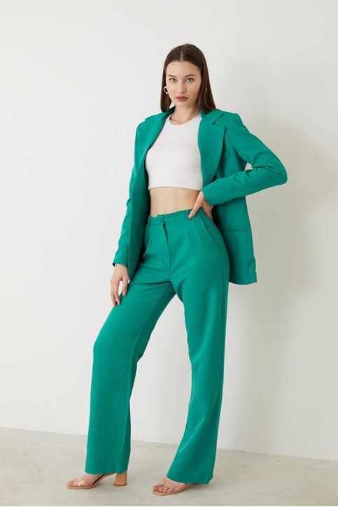 Kadın Tek Düğme Kapamalı Uzun Kol Cepli Retro Ceket Palazzo Pantolon Takım Koyu Yeşil