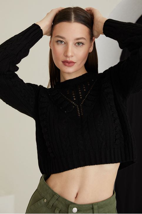 Kadın Örgü Detaylı Ajurlu Akrilik Kalın Kısa Crop Kazak Siyah