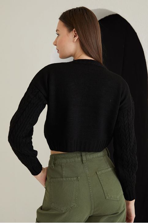 Kadın Örgü Detaylı Ajurlu Akrilik Kalın Kısa Crop Kazak Siyah