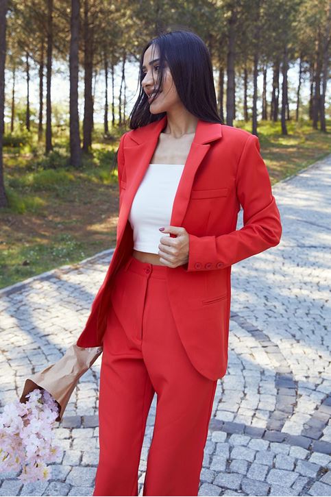 Kadın Tek Düğme Kapamalı Uzun Kol Cepli Retro Ceket Palazzo Pantolon Takım Nar Çiçeği