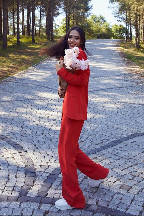 Kadın Tek Düğme Kapamalı Uzun Kol Cepli Retro Ceket Palazzo Pantolon Takım Nar Çiçeği