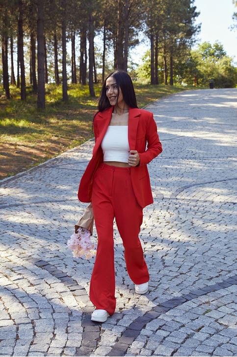 Kadın Tek Düğme Kapamalı Uzun Kol Cepli Retro Ceket Palazzo Pantolon Takım Nar Çiçeği