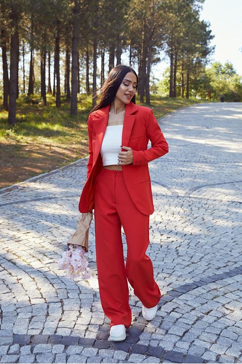 Kadın Tek Düğme Kapamalı Uzun Kol Cepli Retro Ceket Palazzo Pantolon Takım Nar Çiçeği