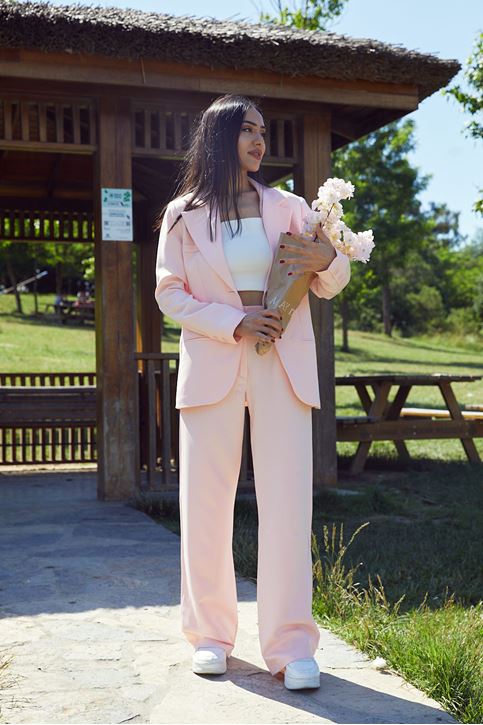 Kadın Tek Düğme Kapamalı Uzun Kol Cepli Retro Ceket Palazzo Pantolon Takım Pudra