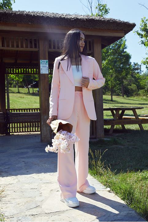 Kadın Tek Düğme Kapamalı Uzun Kol Cepli Retro Ceket Palazzo Pantolon Takım Pudra