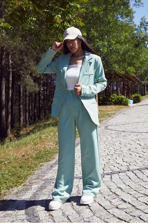 Kadın Tek Düğme Kapamalı Uzun Kol Cepli Retro Ceket Palazzo Pantolon Takım Açık Mint