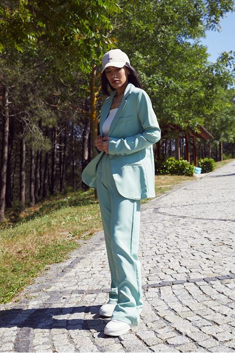 Kadın Tek Düğme Kapamalı Uzun Kol Cepli Retro Ceket Palazzo Pantolon Takım Açık Mint