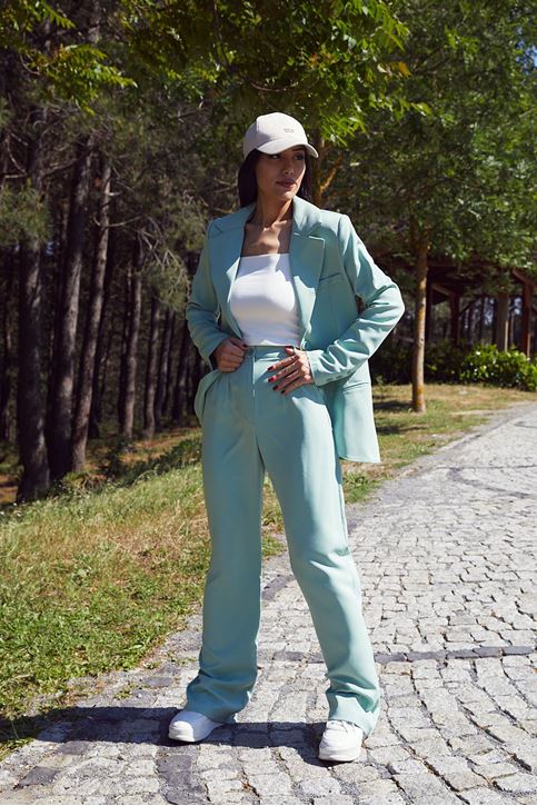 Kadın Tek Düğme Kapamalı Uzun Kol Cepli Retro Ceket Palazzo Pantolon Takım Açık Mint