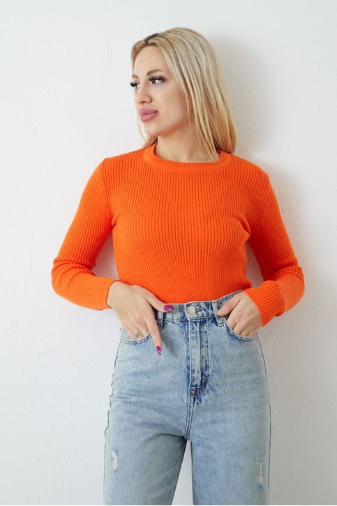 Kadın Bisiklet Yaka Fitilli Triko Kazak Oranj