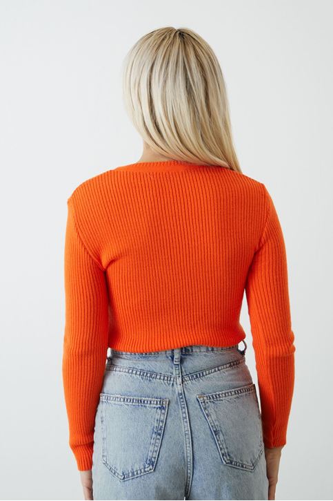Kadın Bisiklet Yaka Fitilli Triko Kazak Oranj