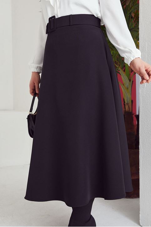 Kadın Kemerli Kloş Uzun Tesettür Etek Siyah