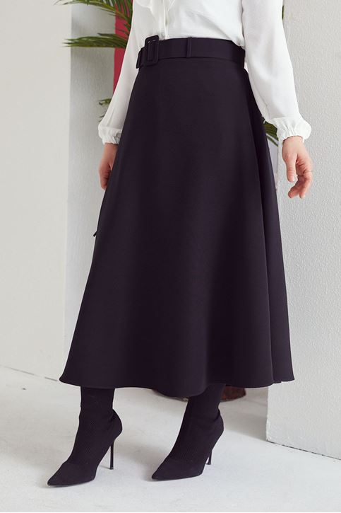 Kadın Kemerli Kloş Uzun Tesettür Etek Siyah